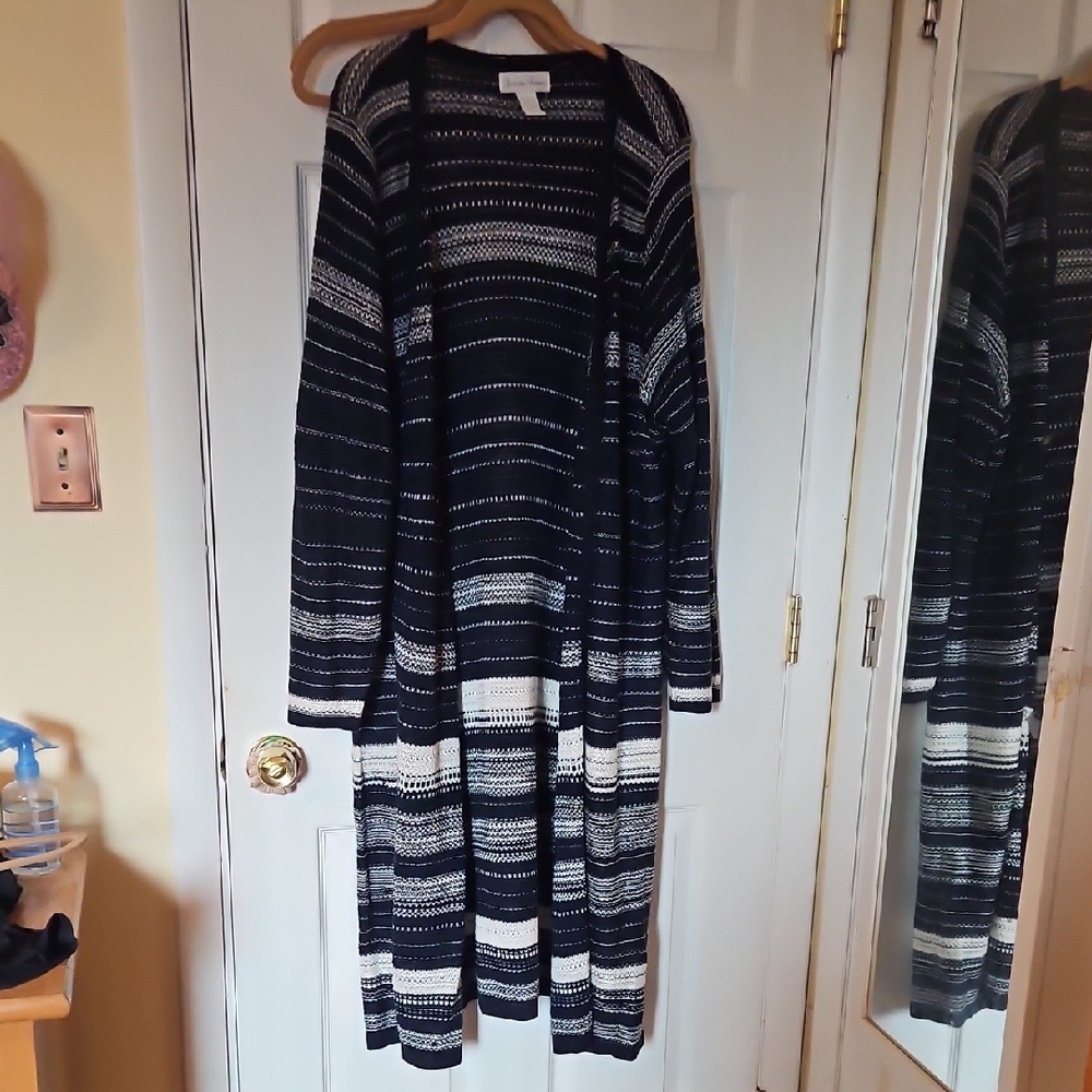 Elegant Black and White Striped Women's Cardigan